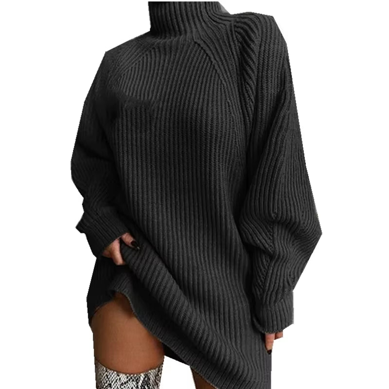 Women'S Solid Color Loose Knitted Dress 2023 Autumn Winter New Dress Sweater Women Long Sleeve Turtleneck Pullover Dress Sweater