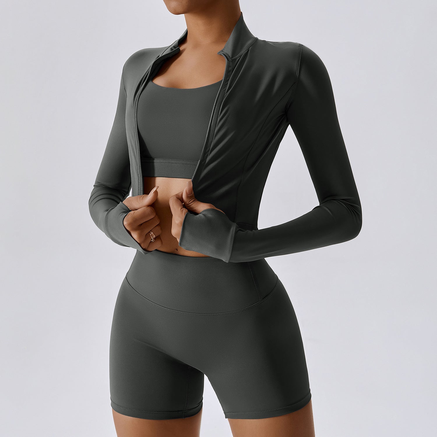 Women’s 3-Piece Yoga Set – Long Sleeve Sports Bra & Shorts Gym Outfit