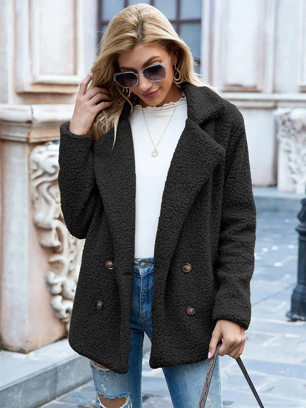 Women’s Fluffy Lapel Coat – Loose Winter Button Cardigan Jacket