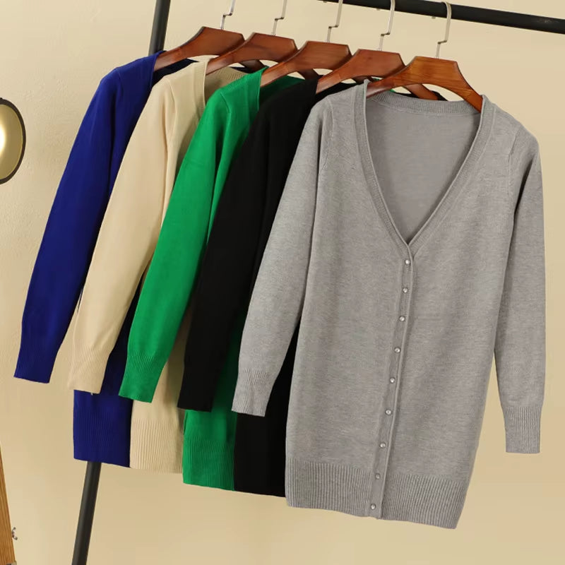 Outerwear V-Neck Jersey Korean Fashion Style Cropped Blouses Long Woman Cardigan Knitted Ladies Sweaters Black Clothing Tricot