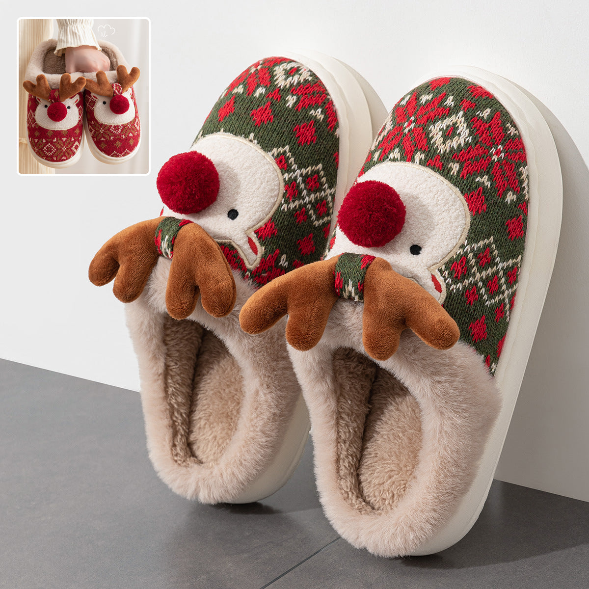 Christmas Elk Plush Slippers – Cozy Non-Slip Fuzzy Winter House Shoes