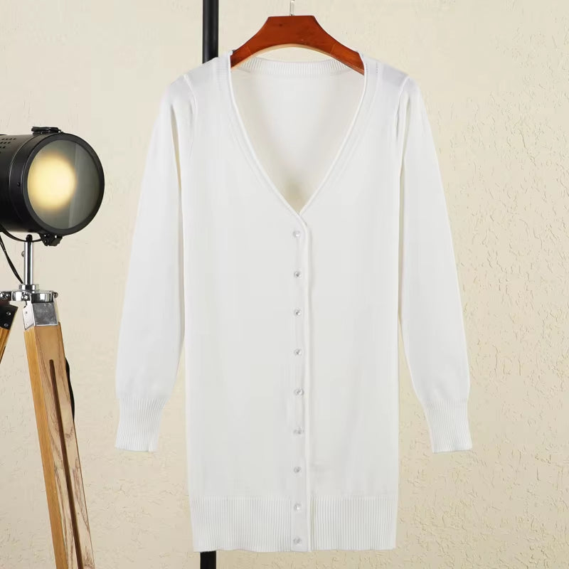 Outerwear V-Neck Jersey Korean Fashion Style Cropped Blouses Long Woman Cardigan Knitted Ladies Sweaters Black Clothing Tricot
