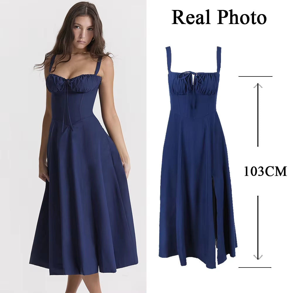 Women'S Summer Floral Print Dresses Sweet Elegant Midi Holiday Dress Casual Slit Blue Lace up Dresses 2023