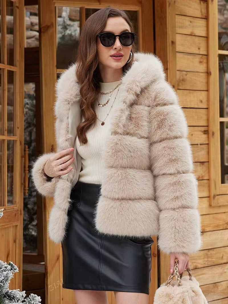 Winter Thick Warm Fluffy Faux Fur Coat Women Furry Hooded Long Sleeve Faux Fur Jacket Luxury Fur Coats Female Outerwears
