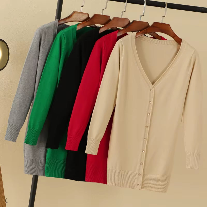 Outerwear V-Neck Jersey Korean Fashion Style Cropped Blouses Long Woman Cardigan Knitted Ladies Sweaters Black Clothing Tricot