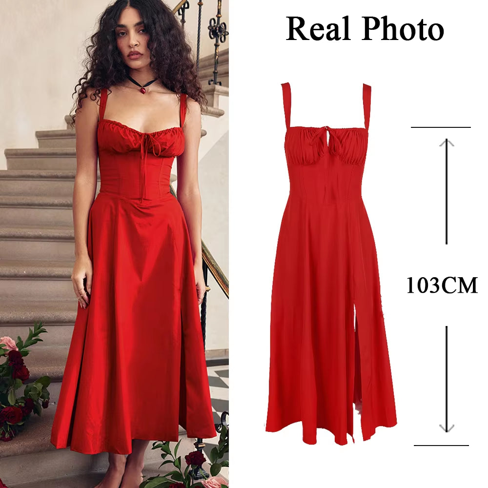 Women'S Summer Floral Print Dresses Sweet Elegant Midi Holiday Dress Casual Slit Blue Lace up Dresses 2023