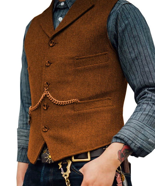 Business Mens Suit Vest Lapel V Neck Wool Herringbone Casual Brown Waistcoat Casual Formal Groomsman Jacket for Wedding