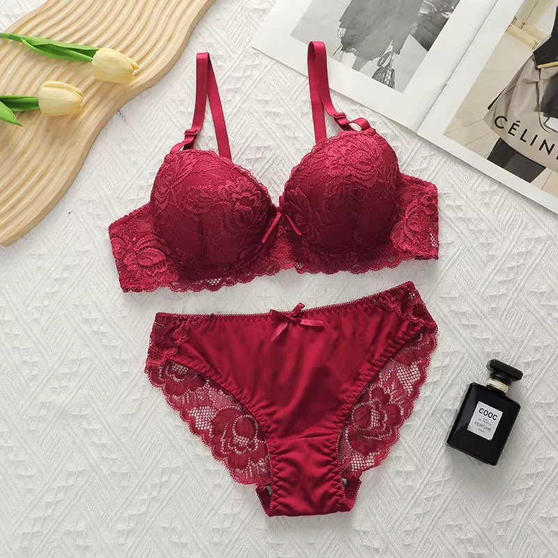 2Pieces Bras and Panty Sets Sexy Lace Transparent Floral Clothing Underwire Push up Lingeries for Woman