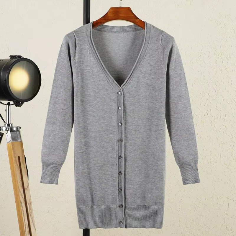 Outerwear V-Neck Jersey Korean Fashion Style Cropped Blouses Long Woman Cardigan Knitted Ladies Sweaters Black Clothing Tricot
