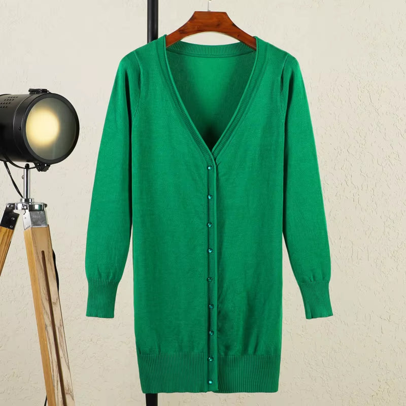 Outerwear V-Neck Jersey Korean Fashion Style Cropped Blouses Long Woman Cardigan Knitted Ladies Sweaters Black Clothing Tricot