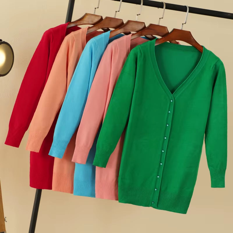 Outerwear V-Neck Jersey Korean Fashion Style Cropped Blouses Long Woman Cardigan Knitted Ladies Sweaters Black Clothing Tricot
