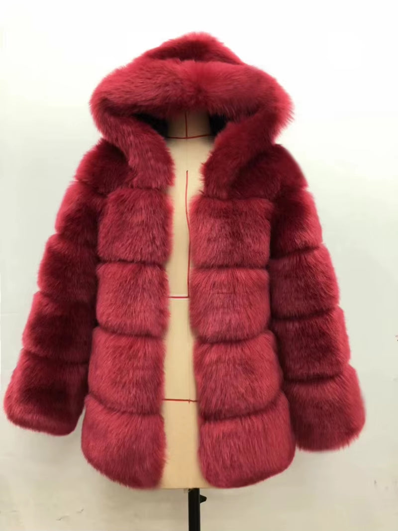 Winter Thick Warm Fluffy Faux Fur Coat Women Furry Hooded Long Sleeve Faux Fur Jacket Luxury Fur Coats Female Outerwears