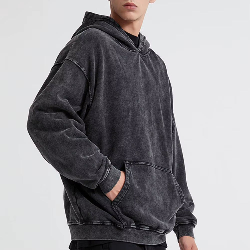 Hooded Hoodie Washed Craft Hoodie Vintage Unisex Hop Streetwear Hoodie with Big Patch Pocket Loose Thick Long Sleeve for Men