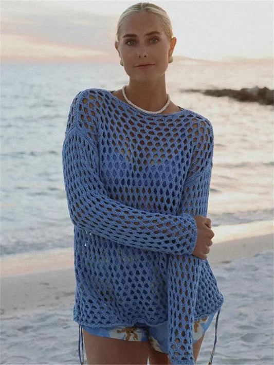 Knit Hollow Out Cover up Mini Dress for Women See-Through Loose Beach Holiday Clothes Summer Patchwork Knitwear Cover Up