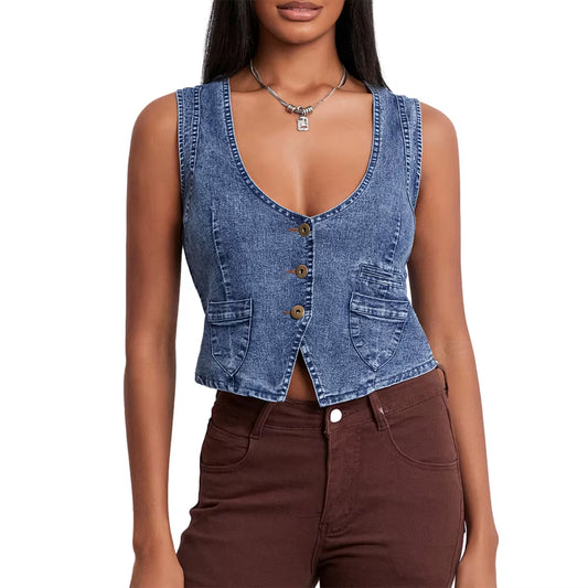 Women'S Y2K Vintage Denim Vest Sleeveless V Neck Button down Irregular Hem Outwear Gilet with Pockets Streetwear