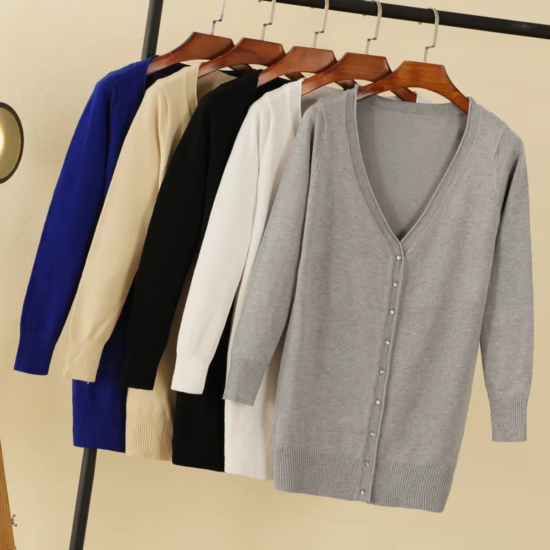 Outerwear V-Neck Jersey Korean Fashion Style Cropped Blouses Long Woman Cardigan Knitted Ladies Sweaters Black Clothing Tricot