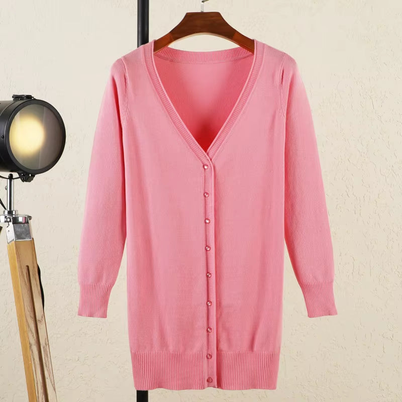 Outerwear V-Neck Jersey Korean Fashion Style Cropped Blouses Long Woman Cardigan Knitted Ladies Sweaters Black Clothing Tricot