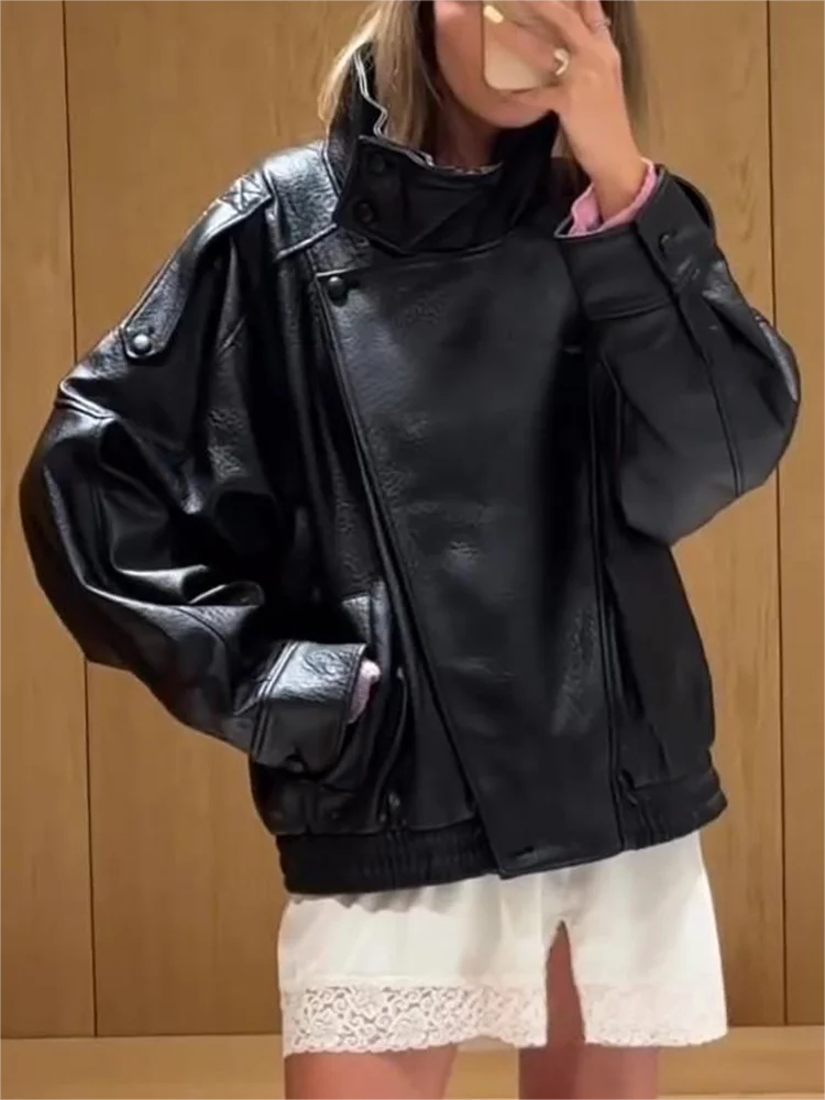 Casual Chic Black Leather Jackets Women Long Sleeve Buttons Elastic Oversized Coats Fashion 2026 Spring Streetwear Coats