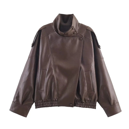 Casual Chic Black Leather Jackets Women Long Sleeve Buttons Elastic Oversized Coats Fashion 2026 Spring Streetwear Coats