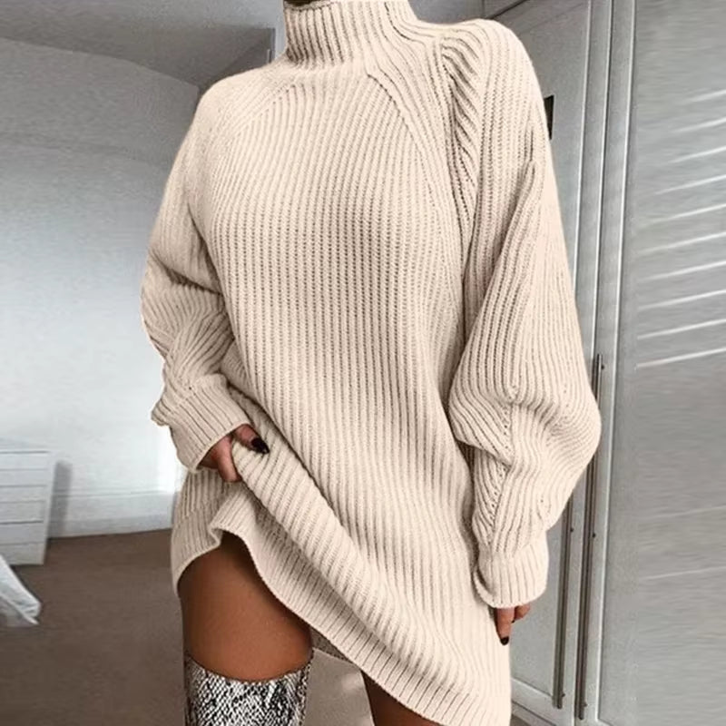 Women'S Solid Color Loose Knitted Dress 2023 Autumn Winter New Dress Sweater Women Long Sleeve Turtleneck Pullover Dress Sweater