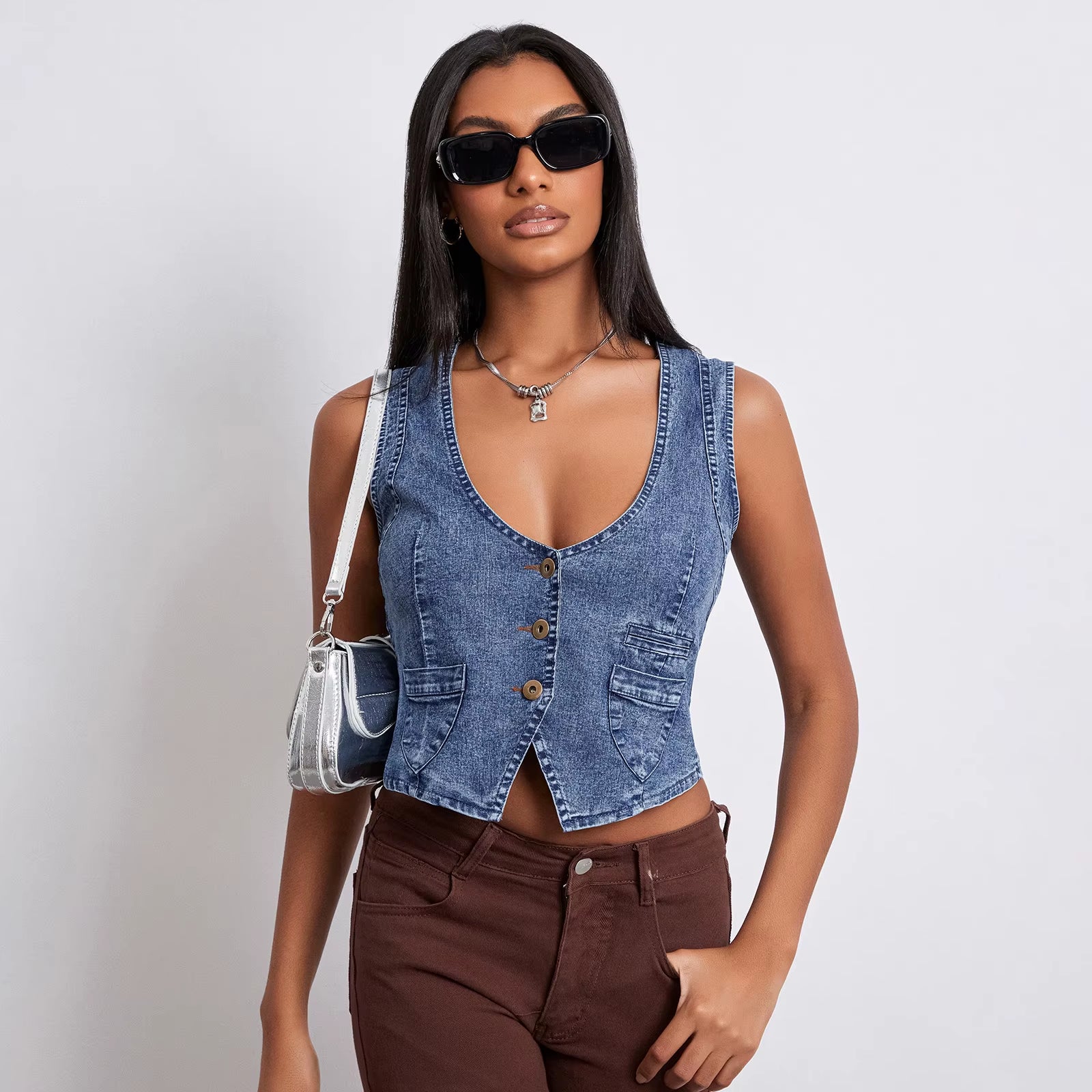 Women'S Y2K Vintage Denim Vest Sleeveless V Neck Button down Irregular Hem Outwear Gilet with Pockets Streetwear