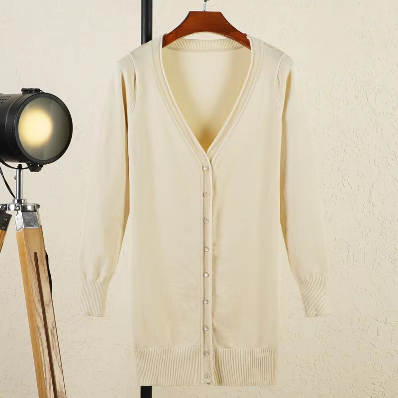 Outerwear V-Neck Jersey Korean Fashion Style Cropped Blouses Long Woman Cardigan Knitted Ladies Sweaters Black Clothing Tricot
