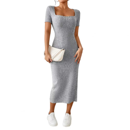 Solid Color Square Neckline Dress Elegant Square Neck Knitted Midi Dress for Women Solid Color Party Commute Dress with Short