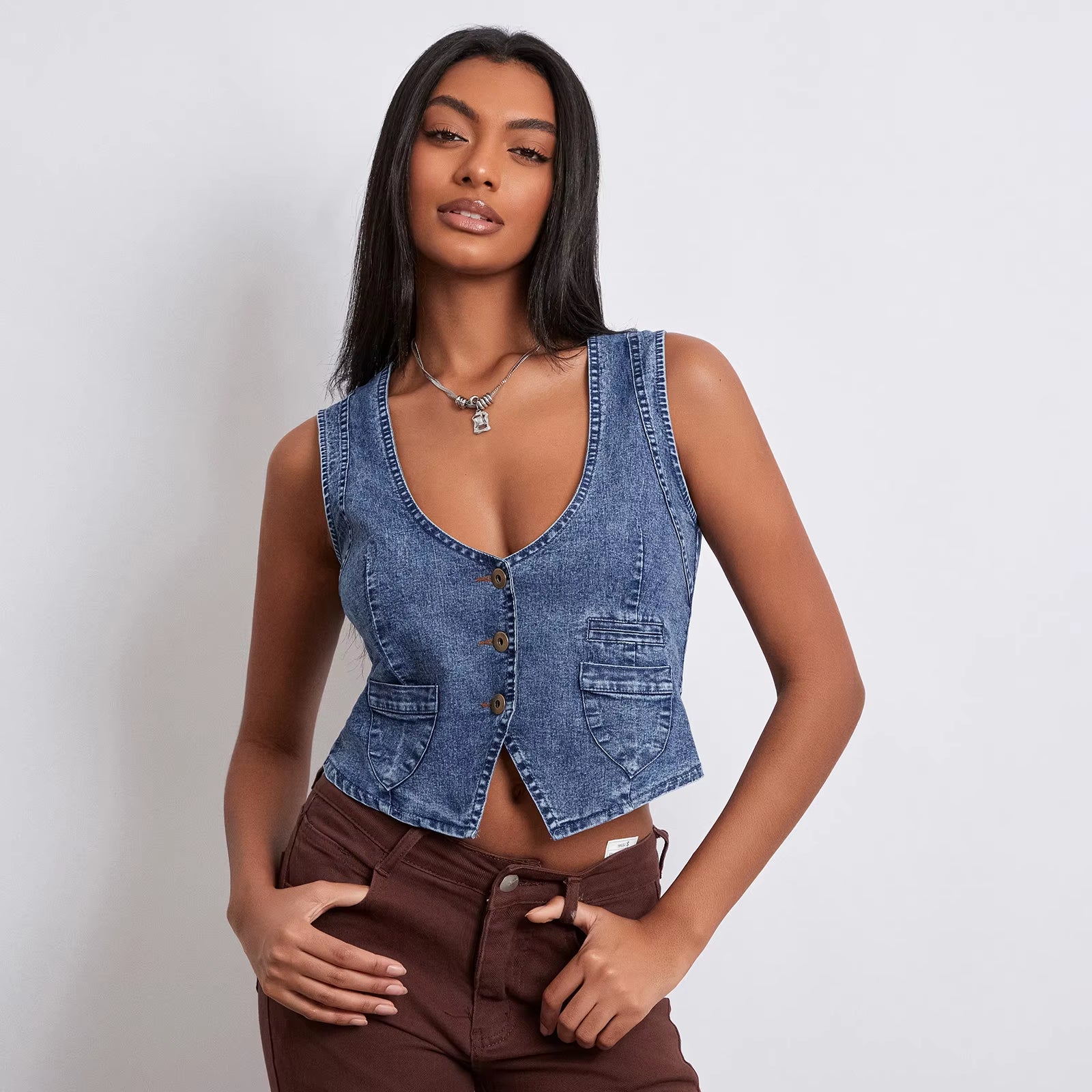 Women'S Y2K Vintage Denim Vest Sleeveless V Neck Button down Irregular Hem Outwear Gilet with Pockets Streetwear