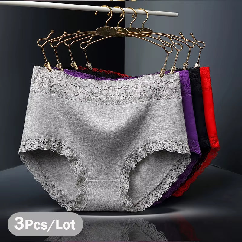 3Pcs/Lot Women'S Panties Lace Underwear for Female Cotton High Waist Briefs plus Size Calcinha Lingeries Panty Ladies Underpant