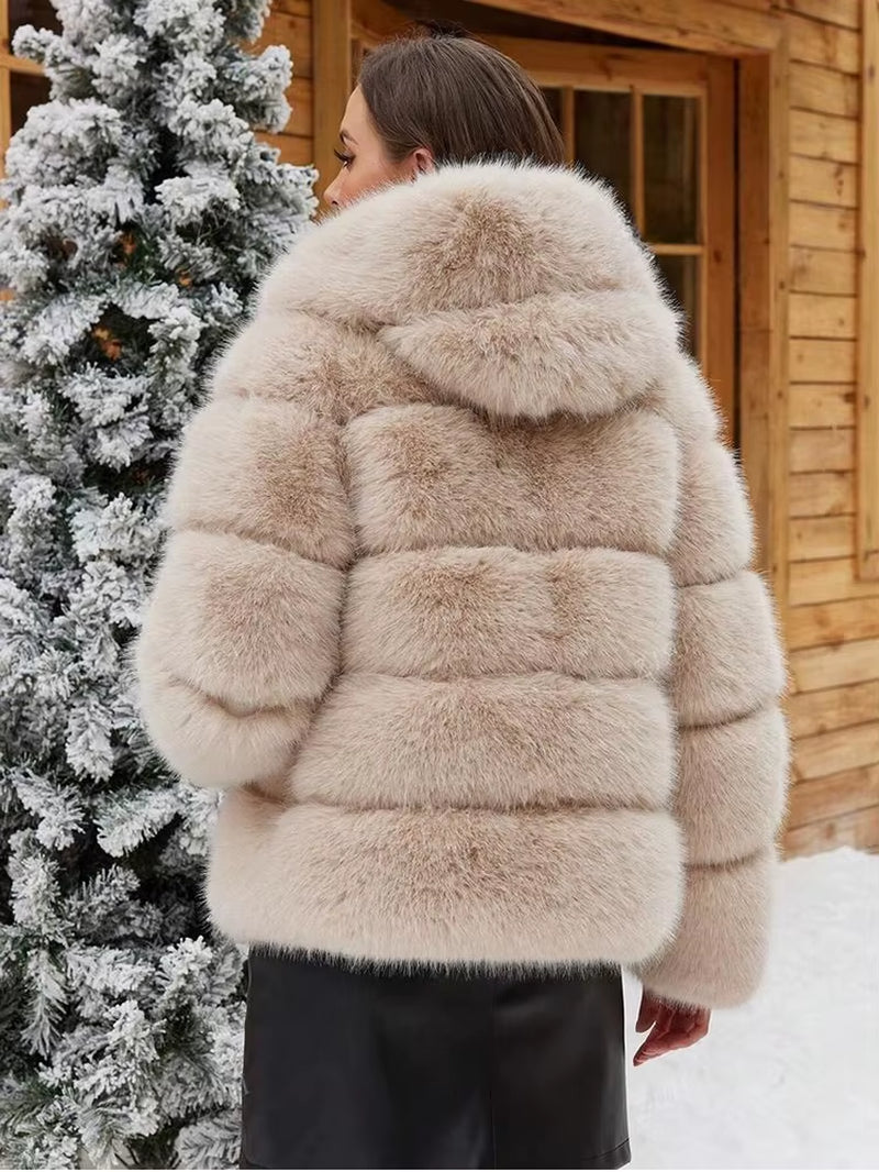 Winter Thick Warm Fluffy Faux Fur Coat Women Furry Hooded Long Sleeve Faux Fur Jacket Luxury Fur Coats Female Outerwears