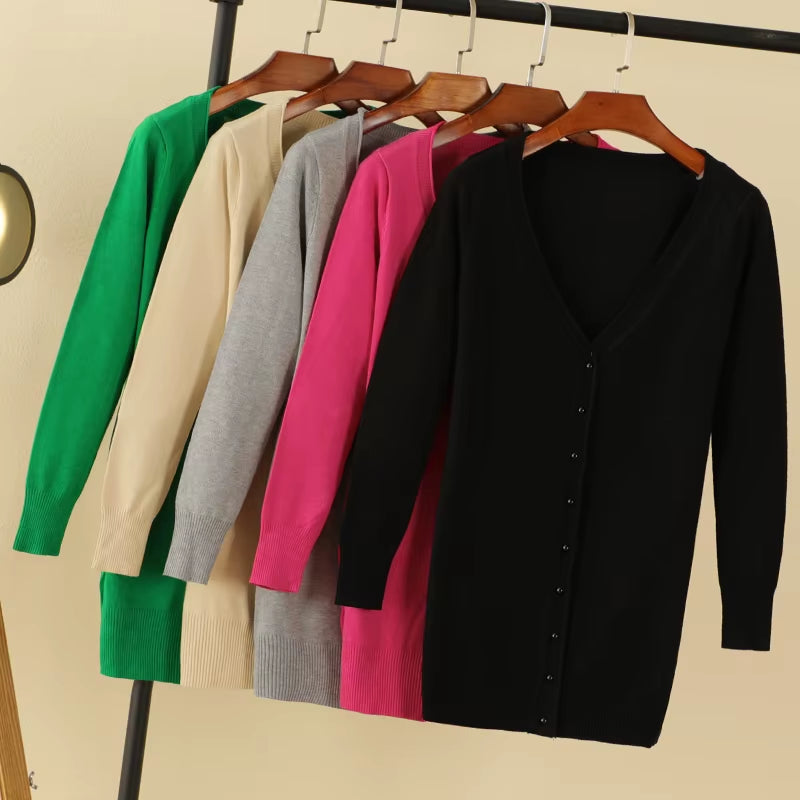 Outerwear V-Neck Jersey Korean Fashion Style Cropped Blouses Long Woman Cardigan Knitted Ladies Sweaters Black Clothing Tricot