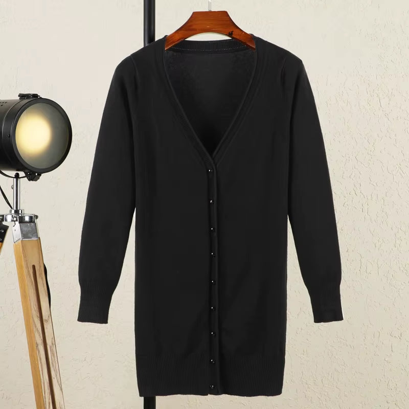 Outerwear V-Neck Jersey Korean Fashion Style Cropped Blouses Long Woman Cardigan Knitted Ladies Sweaters Black Clothing Tricot