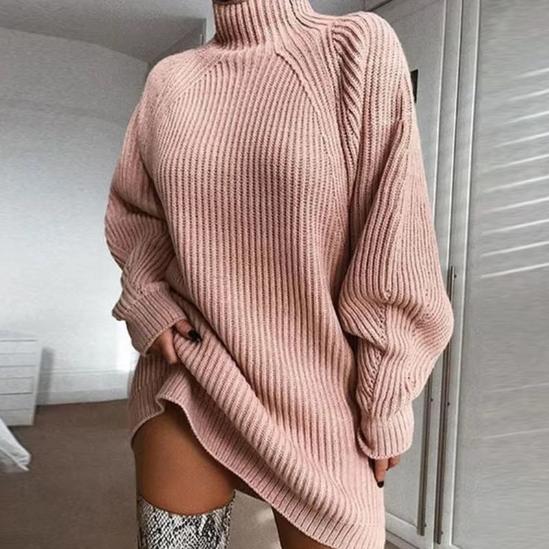 Women'S Solid Color Loose Knitted Dress 2023 Autumn Winter New Dress Sweater Women Long Sleeve Turtleneck Pullover Dress Sweater