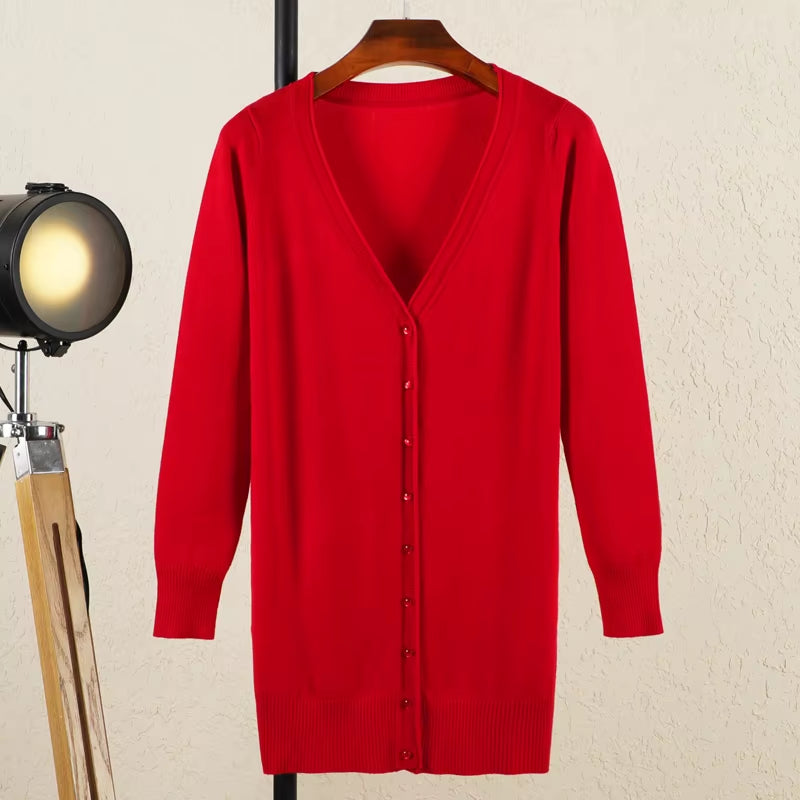 Outerwear V-Neck Jersey Korean Fashion Style Cropped Blouses Long Woman Cardigan Knitted Ladies Sweaters Black Clothing Tricot