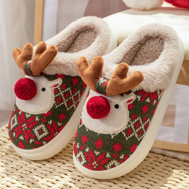 Christmas Elk Plush Slippers – Cozy Non-Slip Fuzzy Winter House Shoes