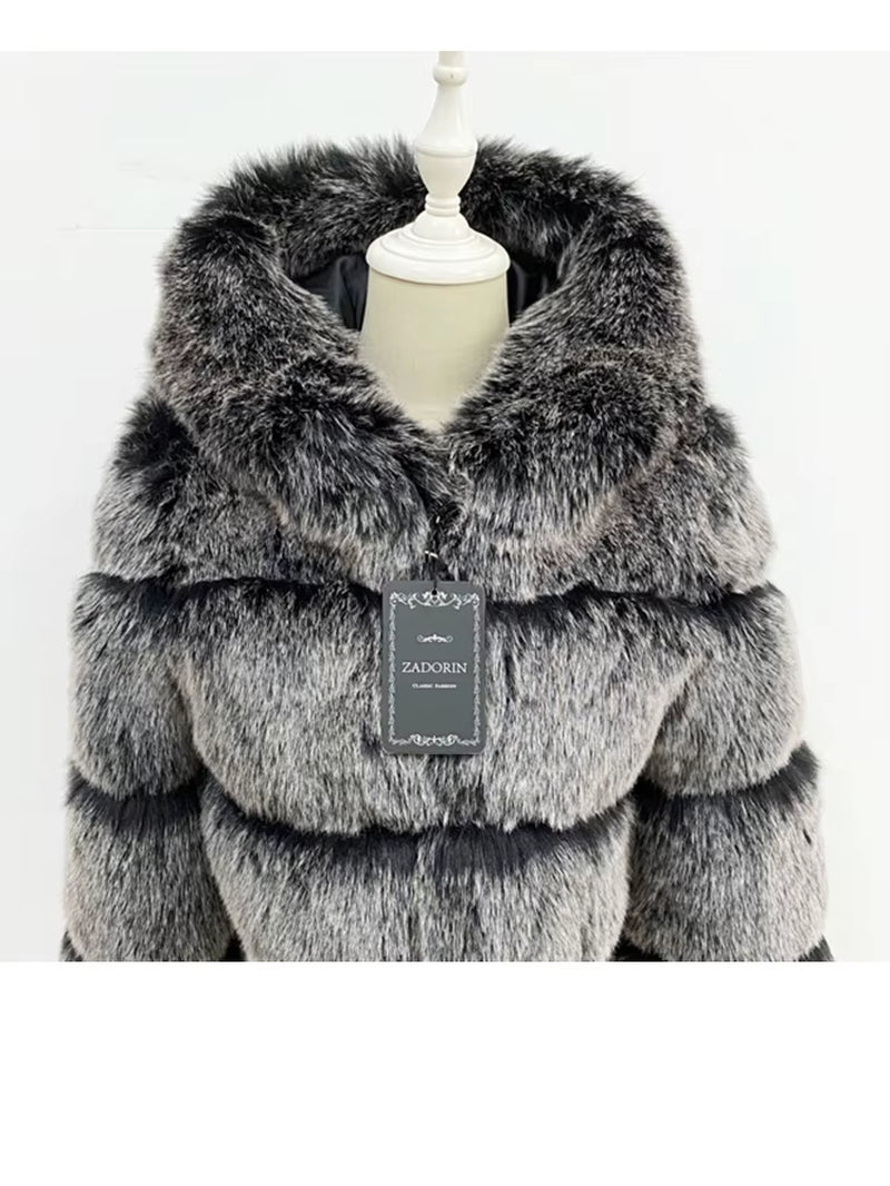 Winter Thick Warm Fluffy Faux Fur Coat Women Furry Hooded Long Sleeve Faux Fur Jacket Luxury Fur Coats Female Outerwears