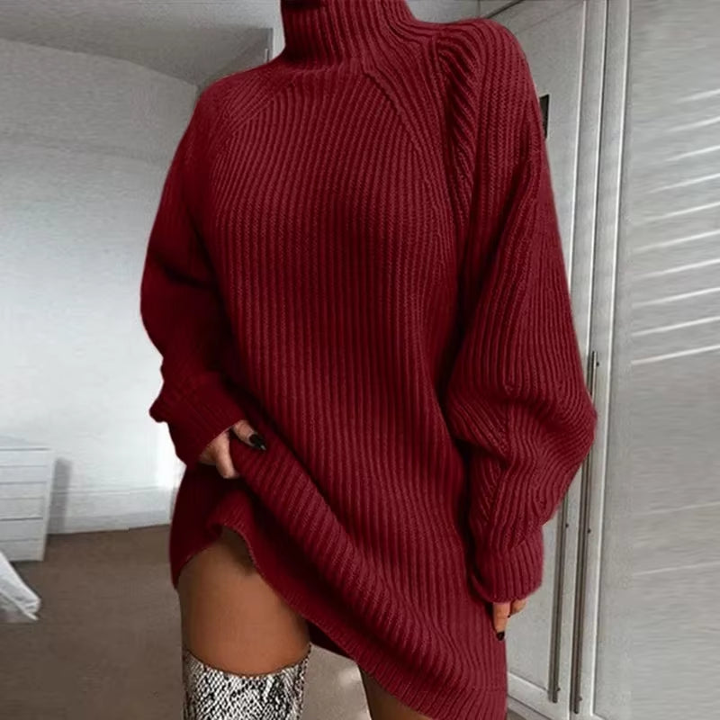 Women'S Solid Color Loose Knitted Dress 2023 Autumn Winter New Dress Sweater Women Long Sleeve Turtleneck Pullover Dress Sweater