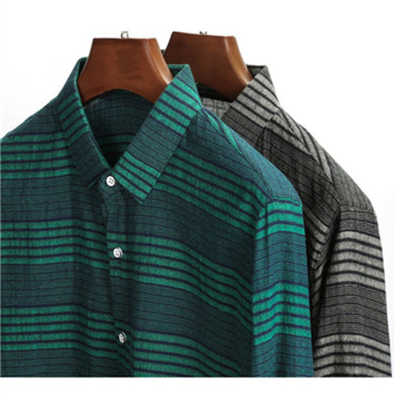 Long Sleeve Shirt Light Business Casual Linen Striped Shirt for Men