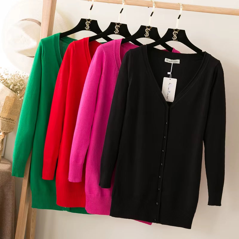 Outerwear V-Neck Jersey Korean Fashion Style Cropped Blouses Long Woman Cardigan Knitted Ladies Sweaters Black Clothing Tricot