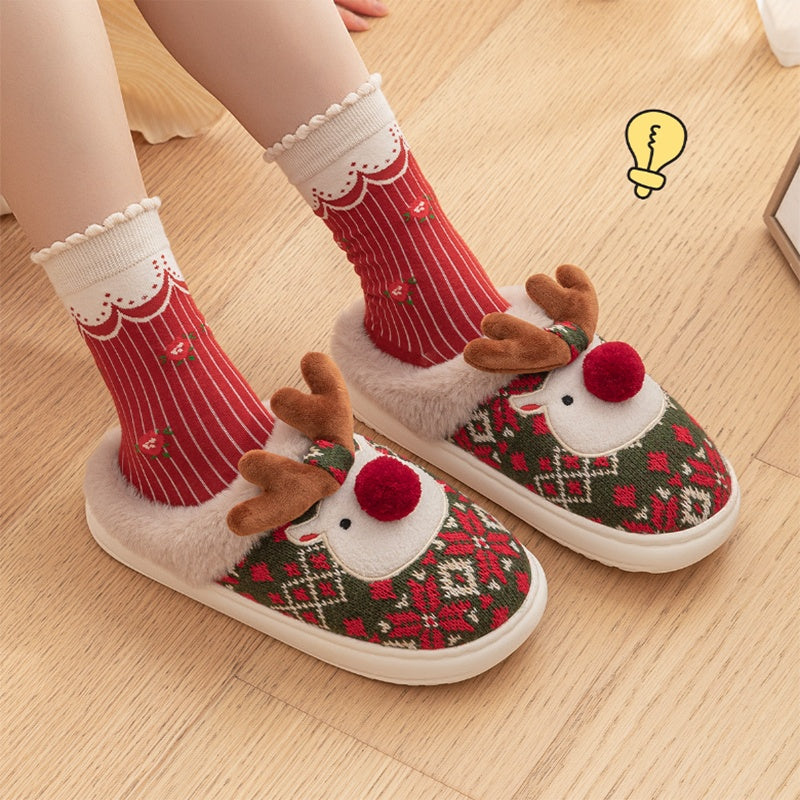 Christmas Elk Plush Slippers – Cozy Non-Slip Fuzzy Winter House Shoes